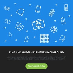 Poster - charts, mobile, photos, bookmarks outline vector icons and elements background concept on blue background.Multipurpose use on websites, presentations, brochures and more