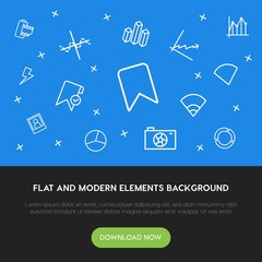 Poster - charts, mobile, photos, bookmarks outline vector icons and elements background concept on blue background.Multipurpose use on websites, presentations, brochures and more