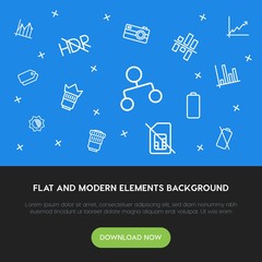 Poster - charts, mobile, photos, bookmarks outline vector icons and elements background concept on blue background.Multipurpose use on websites, presentations, brochures and more