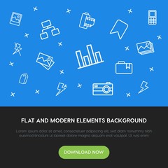Poster - charts, mobile, photos, bookmarks outline vector icons and elements background concept on blue background.Multipurpose use on websites, presentations, brochures and more
