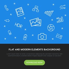 Poster - charts, mobile, photos, bookmarks outline vector icons and elements background concept on blue background.Multipurpose use on websites, presentations, brochures and more