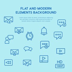 Poster - chat and messenger, video, time, email outline vector icons and elements background concept on blue background.Multipurpose use on websites, presentations, brochures and more