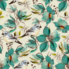 Poster - Retro seamless pattern, cute flowers and birds print
