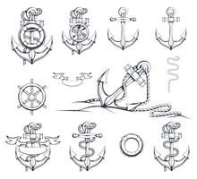 Set Of Different Illustrations Of Anchors. Ship's Steering Wheel. Life Buoy. Hand Drawn Anchor. Vector Artwork.