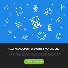 Poster - charts, mobile, photos, bookmarks outline vector icons and elements background concept on blue background.Multipurpose use on websites, presentations, brochures and more