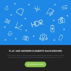 Poster - charts, mobile, photos, bookmarks outline vector icons and elements background concept on blue background.Multipurpose use on websites, presentations, brochures and more