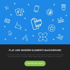 Poster - charts, mobile, photos, bookmarks outline vector icons and elements background concept on blue background.Multipurpose use on websites, presentations, brochures and more