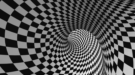 Vector optical illusion black and white twisted checker abstract background.