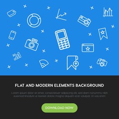 Poster - charts, mobile, photos, bookmarks outline vector icons and elements background concept on blue background.Multipurpose use on websites, presentations, brochures and more