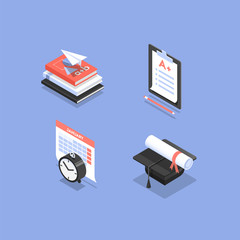 Vector set of isometric icons for education in school, college or university, such as exam, graduation, schedule and textbooks.