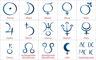 astrology planets, german names - calligraphic illustrations of the ten astrological planets, plus c