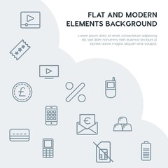 Poster - money, mobile, video, photos outline vector icons and elements background concept on grey background.Multipurpose use on websites, presentations, brochures and more
