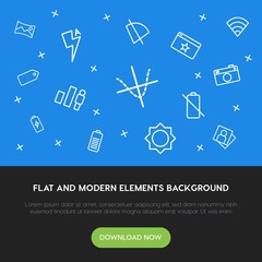 Poster - charts, mobile, photos, bookmarks outline vector icons and elements background concept on blue background.Multipurpose use on websites, presentations, brochures and more