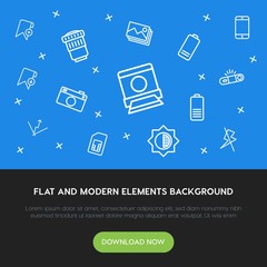 Poster - charts, mobile, photos, bookmarks outline vector icons and elements background concept on blue background.Multipurpose use on websites, presentations, brochures and more