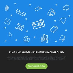 Poster - charts, mobile, photos, bookmarks outline vector icons and elements background concept on blue background.Multipurpose use on websites, presentations, brochures and more