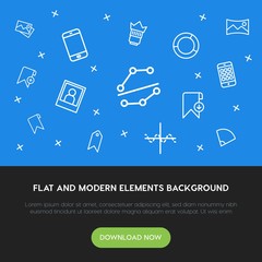 Poster - charts, mobile, photos, bookmarks outline vector icons and elements background concept on blue background.Multipurpose use on websites, presentations, brochures and more