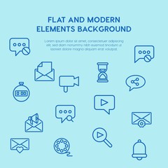 Poster - chat and messenger, video, time, email outline vector icons and elements background concept on blue background.Multipurpose use on websites, presentations, brochures and more