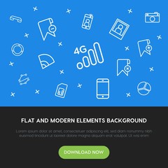 Poster - charts, mobile, photos, bookmarks outline vector icons and elements background concept on blue background.Multipurpose use on websites, presentations, brochures and more