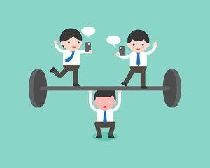 Cute businessman try to weigh lifting barbell one person, another businessman playing cellphone on barbell, flat design business situation about slack off and take advantage co worker concept