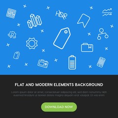Poster - charts, mobile, photos, bookmarks outline vector icons and elements background concept on blue background.Multipurpose use on websites, presentations, brochures and more
