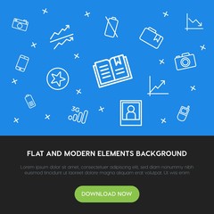 Poster - charts, mobile, photos, bookmarks outline vector icons and elements background concept on blue background.Multipurpose use on websites, presentations, brochures and more