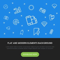 Poster - charts, mobile, photos, bookmarks outline vector icons and elements background concept on blue background.Multipurpose use on websites, presentations, brochures and more