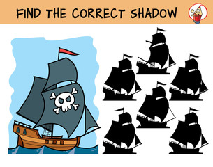 Pirate ship. Find the correct shadow. Educational matching game for children. Cartoon vector illustration