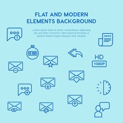 Poster - chat and messenger, video, time, email outline vector icons and elements background concept on blue background.Multipurpose use on websites, presentations, brochures and more