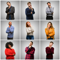 Canvas Print - Group of mixed people, women and men thinking and looking up expressing doubt and wonder