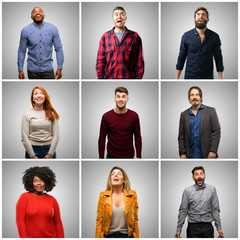 Canvas Print - Group of mixed people, women and men happy and surprised cheering expressing wow gesture