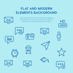 Poster - chat and messenger, video, time, email outline vector icons and elements background concept on blue background.Multipurpose use on websites, presentations, brochures and more