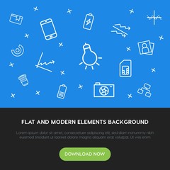 Poster - charts, mobile, photos, bookmarks outline vector icons and elements background concept on blue background.Multipurpose use on websites, presentations, brochures and more
