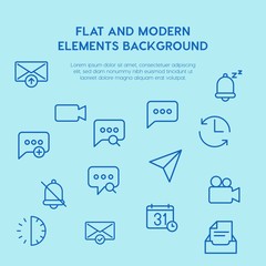 Poster - chat and messenger, video, time, email outline vector icons and elements background concept on blue background.Multipurpose use on websites, presentations, brochures and more