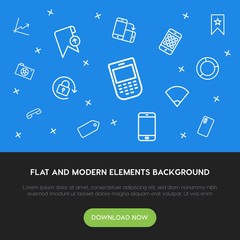 Poster - charts, mobile, photos, bookmarks outline vector icons and elements background concept on blue background.Multipurpose use on websites, presentations, brochures and more