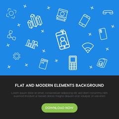 Poster - charts, mobile, photos, bookmarks outline vector icons and elements background concept on blue background.Multipurpose use on websites, presentations, brochures and more