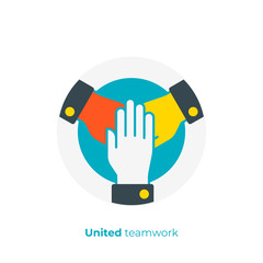 Fototapete - flat art united hands. Pile of arms. Team building. Scalable vector icon in modern flat style. cartoon elements vector illustration.