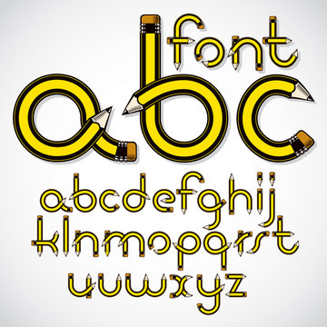 Vector lower case English alphabet letters collection created using stationery design, constructed with pencils. Best for use in logotype design for drawing art class.