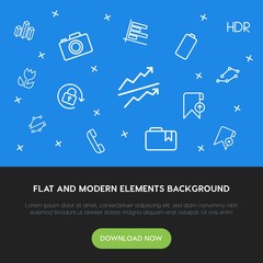 Poster - charts, mobile, photos, bookmarks outline vector icons and elements background concept on blue background.Multipurpose use on websites, presentations, brochures and more