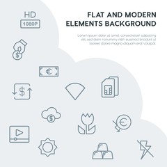 Poster - money, mobile, video, photos outline vector icons and elements background concept on grey background.Multipurpose use on websites, presentations, brochures and more