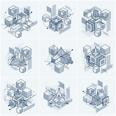 Fototapete - Isometric abstract backgrounds with lines and other different elements, vector abstract templates. Compositions of cubes, hexagons, squares, rectangles and different abstract elements. Vector set.