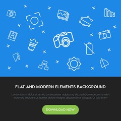 Poster - charts, mobile, photos, bookmarks outline vector icons and elements background concept on blue background.Multipurpose use on websites, presentations, brochures and more