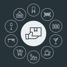 Drinks, Shopping, Furniture Infographic Circle Outline Icons Set. Contains Such Icons As  Seat, Hot,  Nightstand,  Work, Alcohol,  Label,  Espresso,  Electric And More. Fully Editable. Pixel Perfect