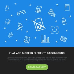 Poster - charts, mobile, photos, bookmarks outline vector icons and elements background concept on blue background.Multipurpose use on websites, presentations, brochures and more