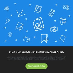 Poster - charts, mobile, photos, bookmarks outline vector icons and elements background concept on blue background.Multipurpose use on websites, presentations, brochures and more