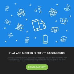 Poster - charts, mobile, photos, bookmarks outline vector icons and elements background concept on blue background.Multipurpose use on websites, presentations, brochures and more