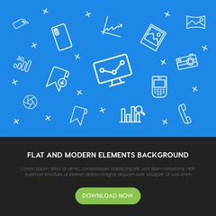 Poster - charts, mobile, photos, bookmarks outline vector icons and elements background concept on blue background.Multipurpose use on websites, presentations, brochures and more