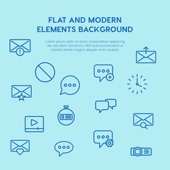 Poster - chat and messenger, video, time, email outline vector icons and elements background concept on blue background.Multipurpose use on websites, presentations, brochures and more