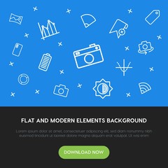 Poster - charts, mobile, photos, bookmarks outline vector icons and elements background concept on blue background.Multipurpose use on websites, presentations, brochures and more