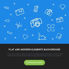 Poster - charts, mobile, photos, bookmarks outline vector icons and elements background concept on blue background.Multipurpose use on websites, presentations, brochures and more