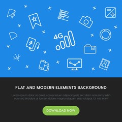Poster - charts, mobile, photos, bookmarks outline vector icons and elements background concept on blue background.Multipurpose use on websites, presentations, brochures and more